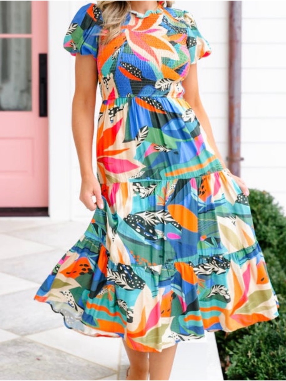 TCEC Multicolor Floral-Print Tiered Midi Dress